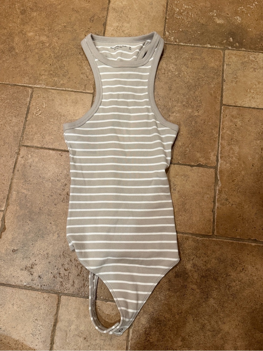 Abercrombie & Fitch Tan and White Ribbed Stripe Racerback Bodysuit